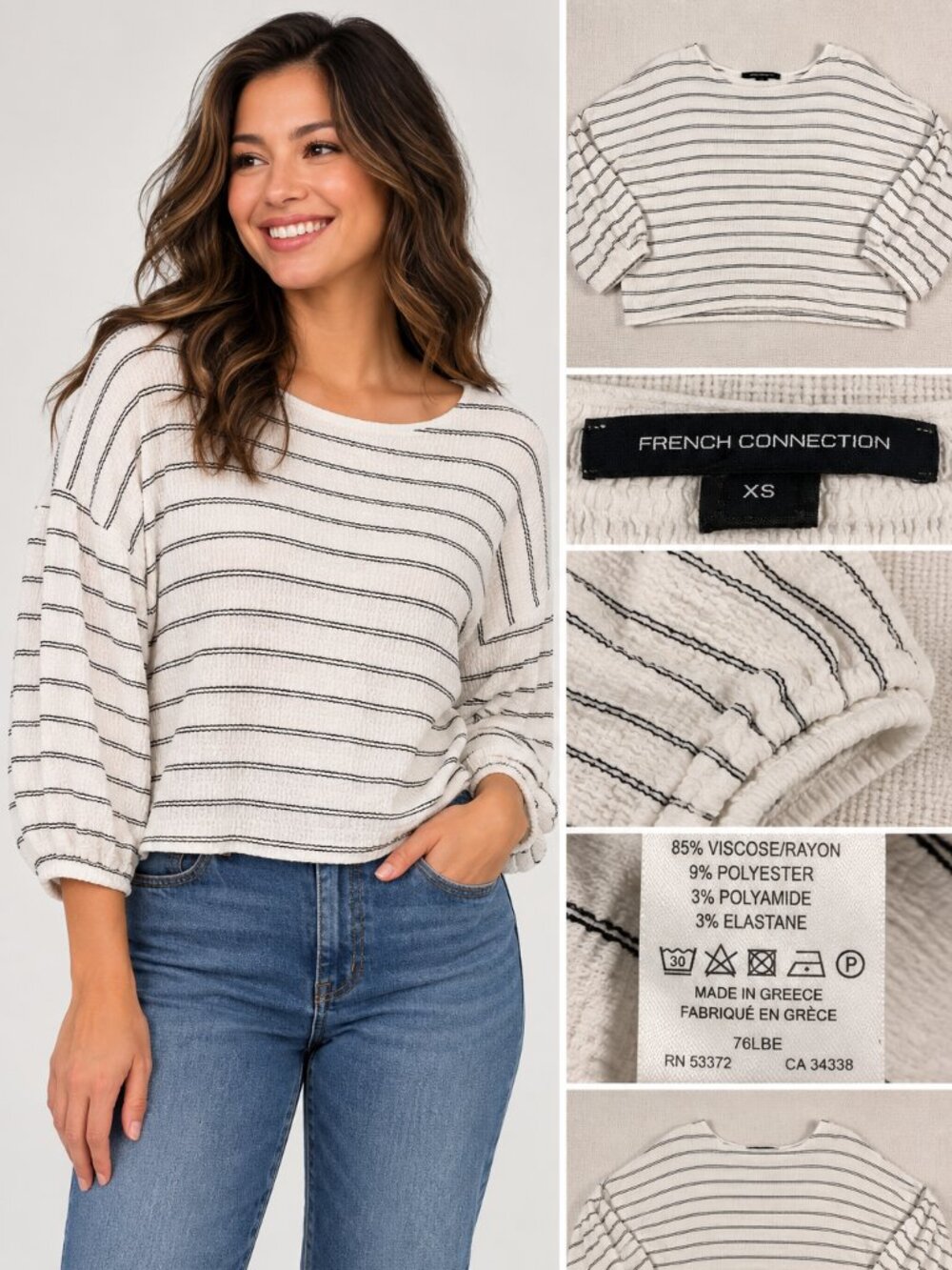 French Connection Striped Crinkle Top Puff Sleeve Cream Black XS